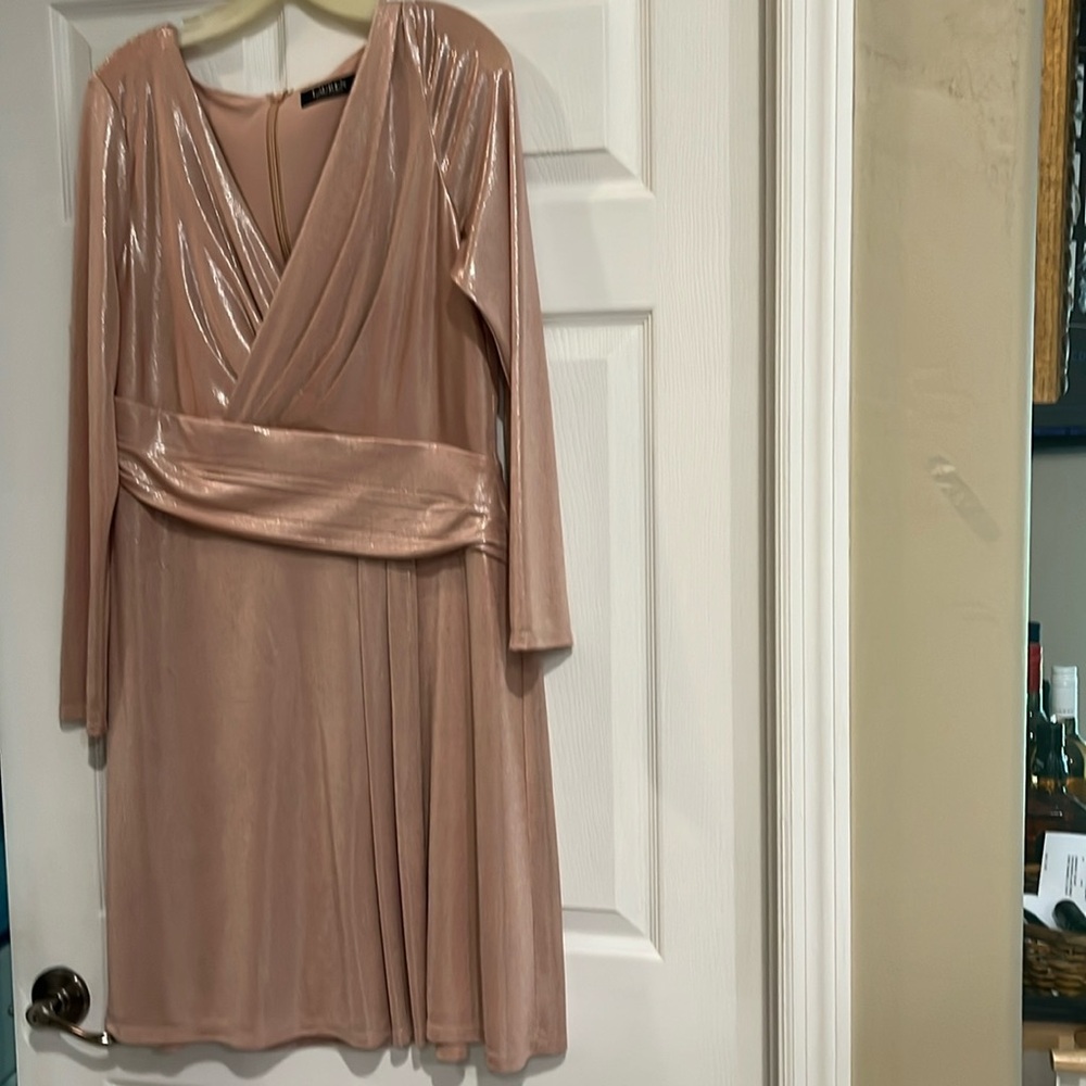 Ralph Lauren Rose Gold Long Sleeve Ruched Dress SZ 14